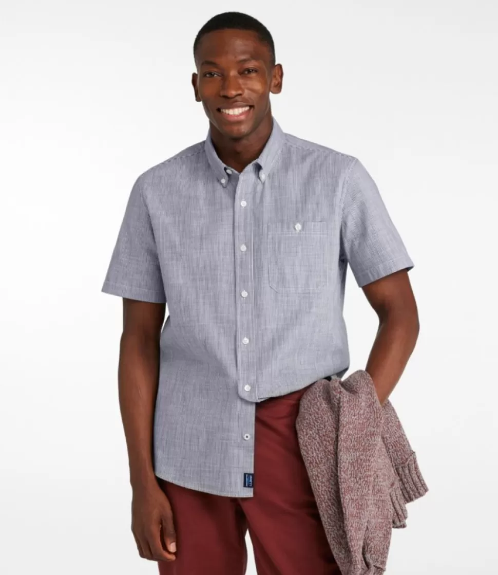 Hot "Men's Comfort Stretch Chambray Shirt, Slightly Fitted Untucked Fit, Short-Sleeve, Stripe" Shirts