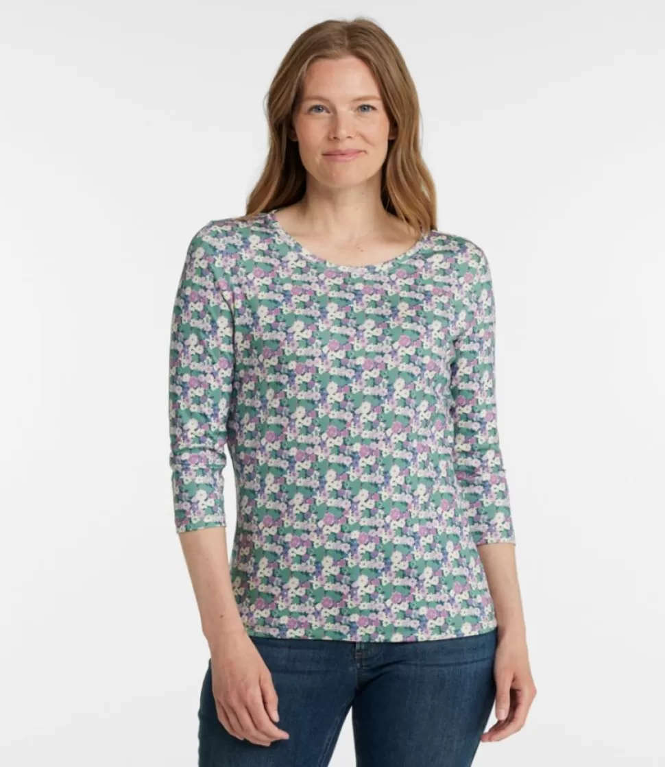 Best Sale "Women's Pima Cotton Shaped Jewelneck Tee, Three-Quarter-Sleeve Print" Women Shirts & Tops
