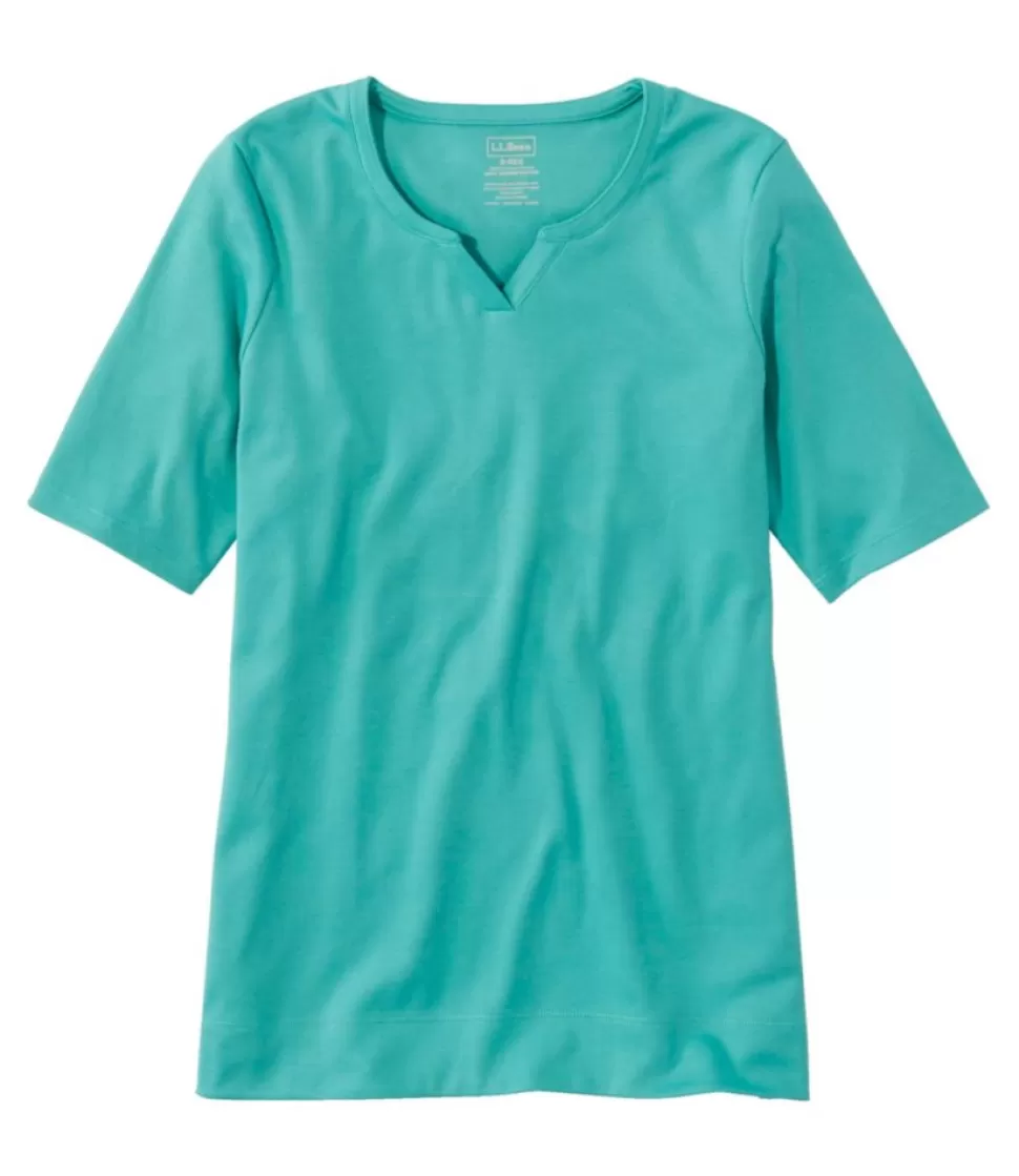 Shop "Women's Pima Cotton Tee, Notch-Neck Elbow-Sleeve Tunic" Women Shirts & Tops