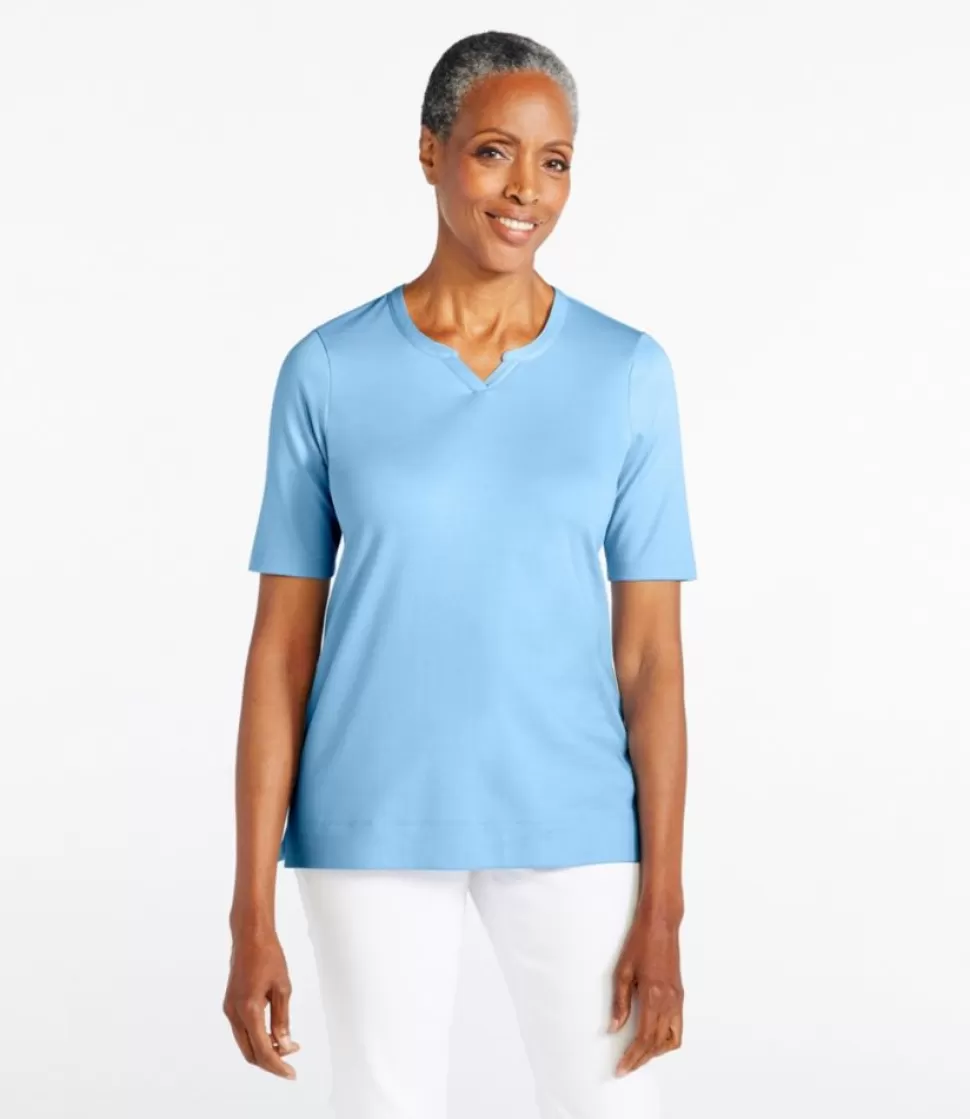 Shop "Women's Pima Cotton Tee, Notch-Neck Elbow-Sleeve Tunic" Women Shirts & Tops