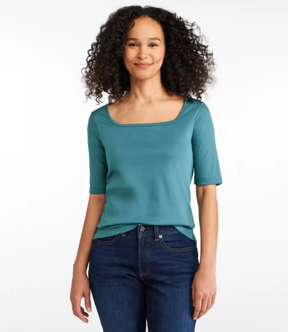 Discount "Women's Pima Cotton Tee, Soft Squareneck Elbow-Sleeve" Women Shirts & Tops